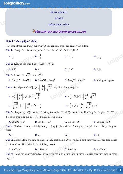 Đề thi học kì 1 Toán 7 - Đề số 6 - Cánh diều